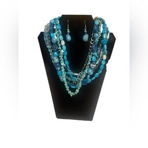 Multilayer Blue Beaded Necklace and Earring Set